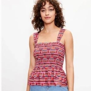 Loft Ikat women’s smocked peplum cami 💯cotton square neck shirt top size M